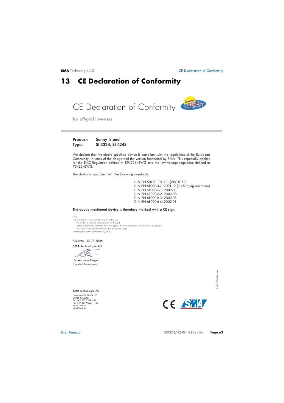 13 ce declaration of conformity, Ce declaration of conformity | SMA SI 3324 User Manual | Page 63 / 80