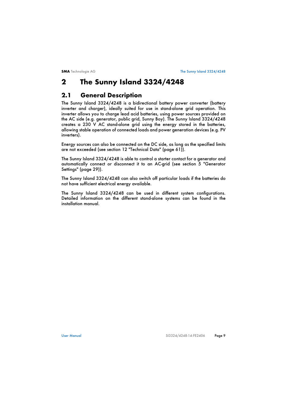 2 the sunny island 3324/4248, 1 general description, The sunny island 3324/4248 | General description | SMA SI 3324 User Manual | Page 9 / 80