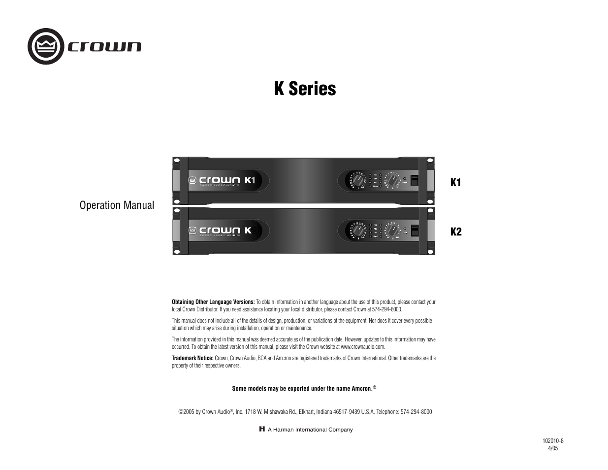 Crown Audio K Series User Manual | 20 pages