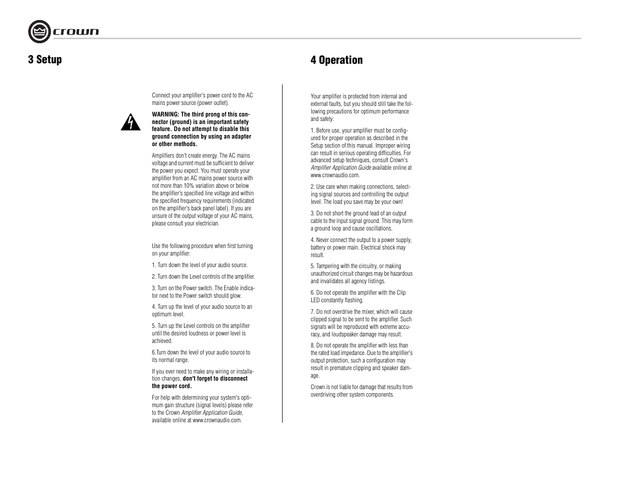 3 setup 4 operation | Crown Audio K Series User Manual | Page 10 / 20