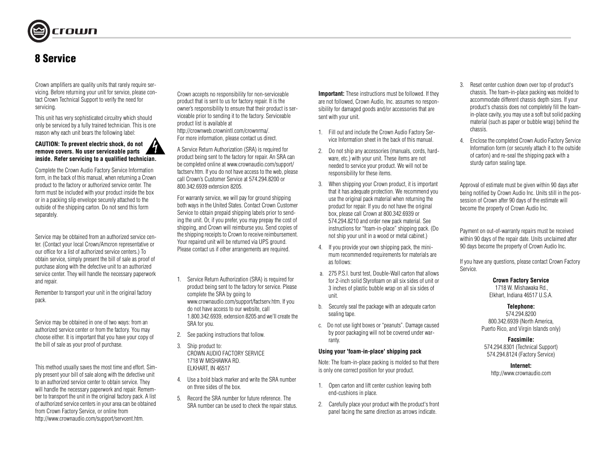 8 service | Crown Audio K Series User Manual | Page 16 / 20