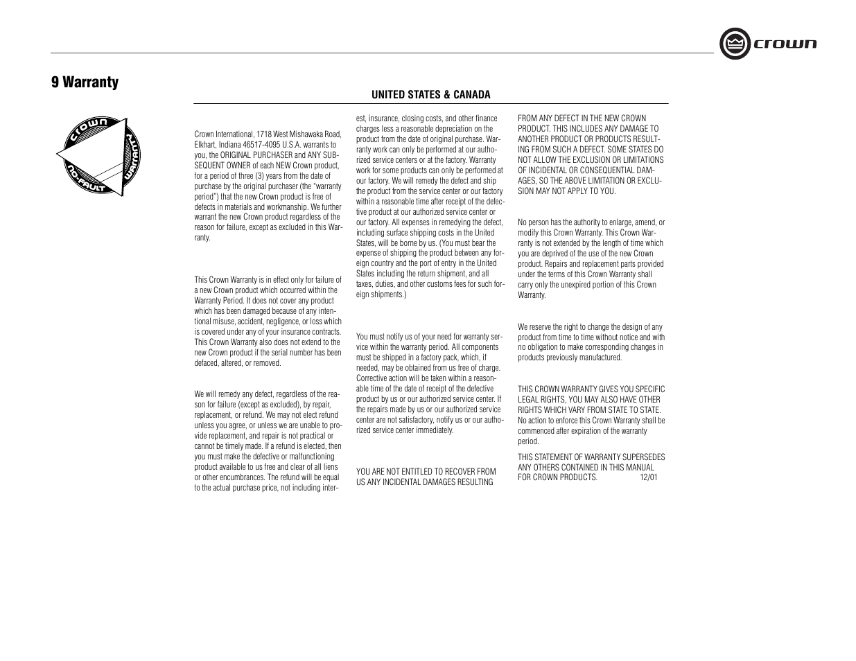 9 warranty | Crown Audio K Series User Manual | Page 17 / 20