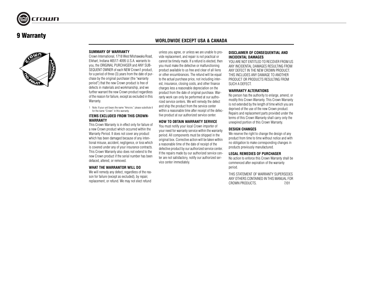 9 warranty | Crown Audio K Series User Manual | Page 18 / 20