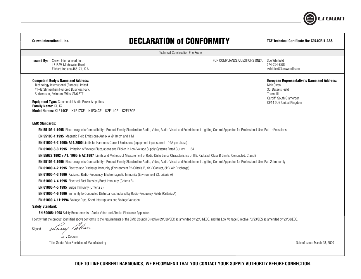 Declaration of conformity | Crown Audio K Series User Manual | Page 3 / 20