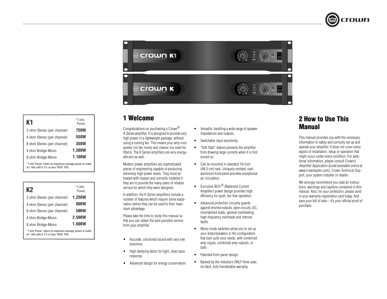 1 welcome, 2 how to use this manual | Crown Audio K Series User Manual | Page 5 / 20