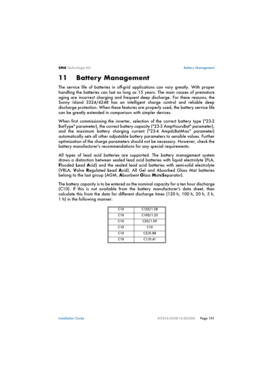 11 battery management, Battery management | SMA SI 3324 Installation User Manual | Page 101 / 164