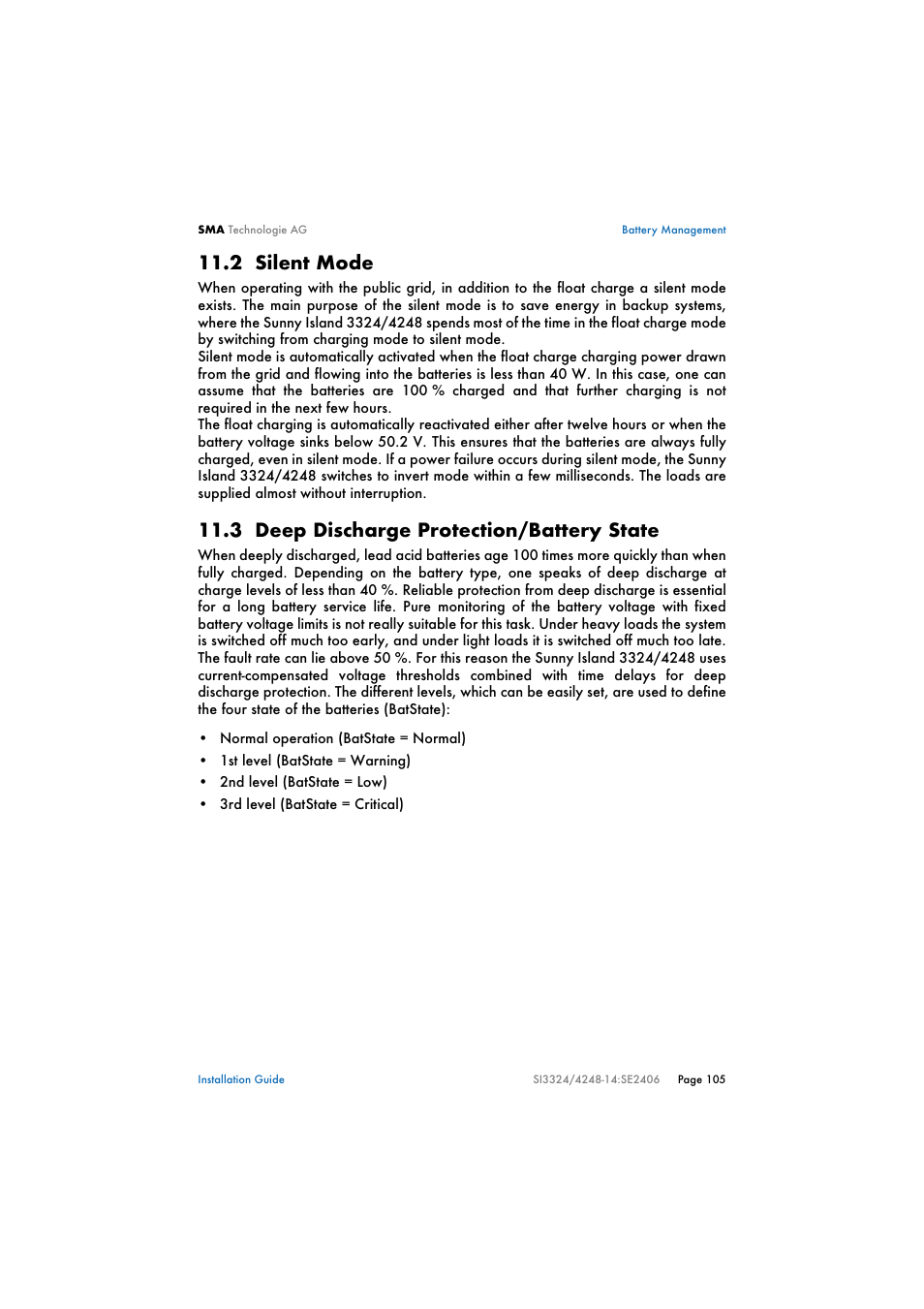 2 silent mode, 3 deep discharge protection/battery state, Silent mode | Deep discharge protection/battery state | SMA SI 3324 Installation User Manual | Page 105 / 164