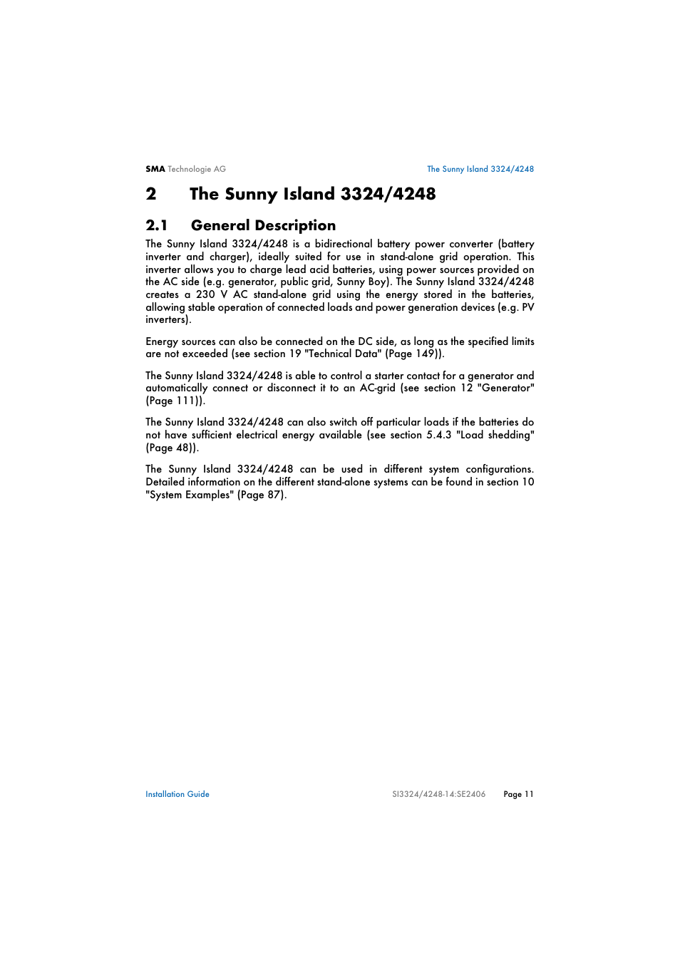 2 the sunny island 3324/4248, 1 general description, The sunny island 3324/4248 | General description | SMA SI 3324 Installation User Manual | Page 11 / 164