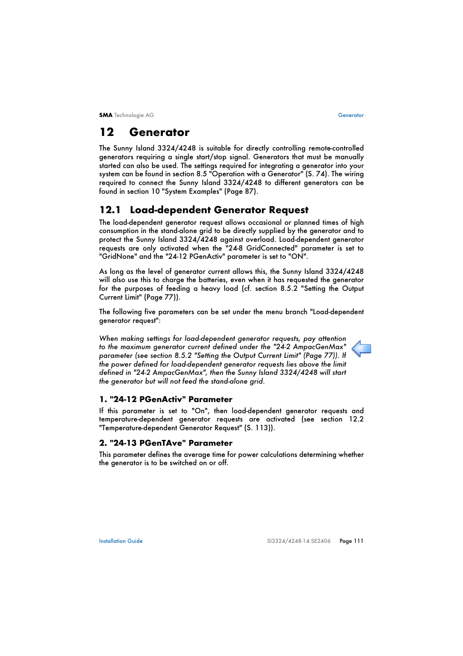 12 generator, 1 load-dependent generator request, Generator | Load-dependent generator request | SMA SI 3324 Installation User Manual | Page 111 / 164