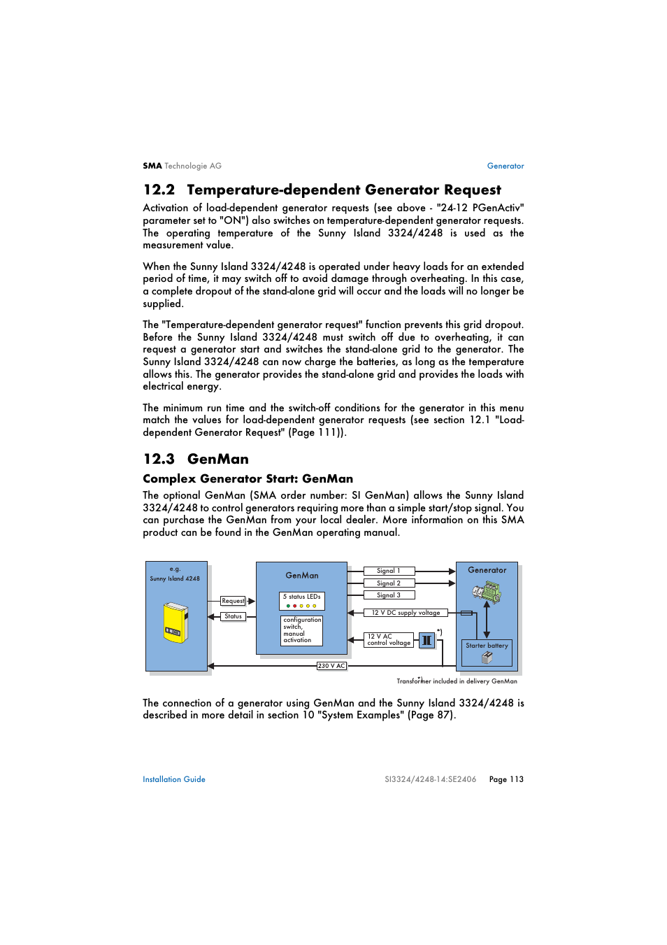 2 temperature-dependent generator request, 3 genman, Temperature-dependent generator request | Genman, Complex generator start: genman | SMA SI 3324 Installation User Manual | Page 113 / 164