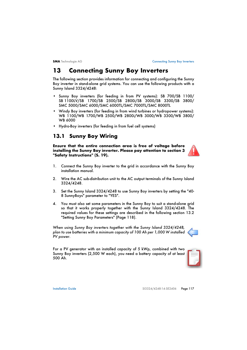13 connecting sunny boy inverters, 1 sunny boy wiring, Connecting sunny boy inverters | Sunny boy wiring | SMA SI 3324 Installation User Manual | Page 117 / 164