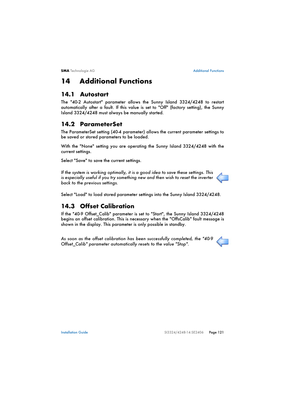 14 additional functions, 1 autostart, 2 parameterset | 3 offset calibration, Additional functions, Autostart, Parameterset, Offset calibration | SMA SI 3324 Installation User Manual | Page 121 / 164