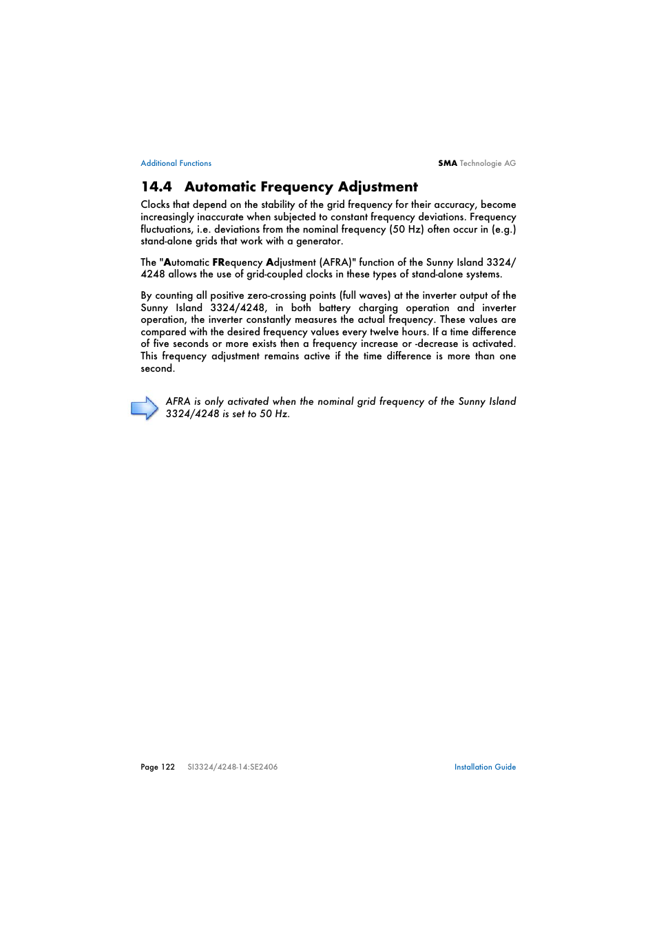 4 automatic frequency adjustment, Automatic frequency adjustment | SMA SI 3324 Installation User Manual | Page 122 / 164