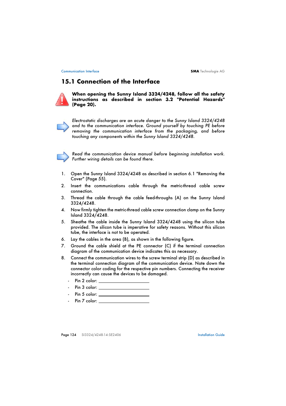 1 connection of the interface, Connection of the interface | SMA SI 3324 Installation User Manual | Page 124 / 164