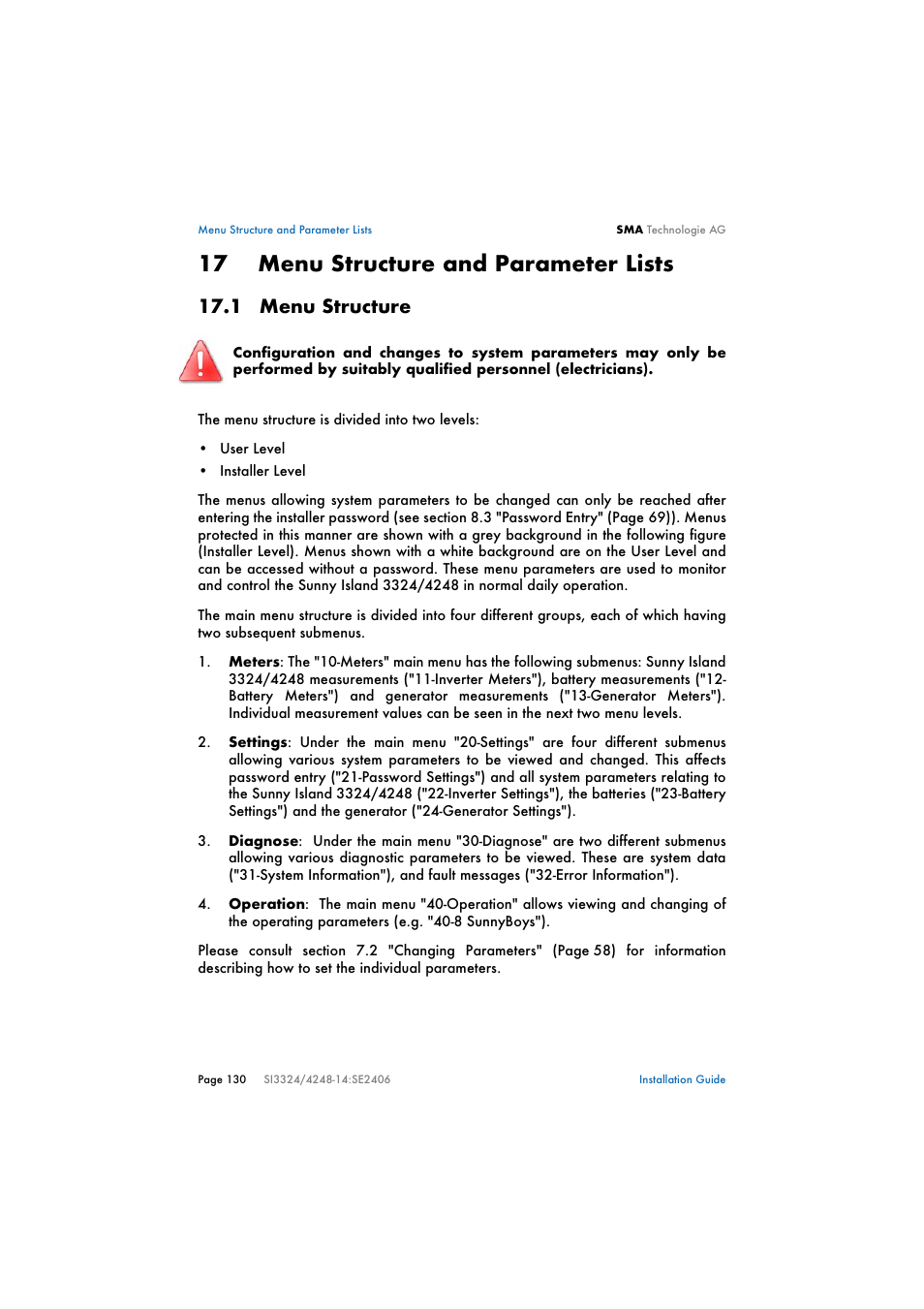 17 menu structure and parameter lists, 1 menu structure, Menu structure and parameter lists | Menu structure | SMA SI 3324 Installation User Manual | Page 130 / 164