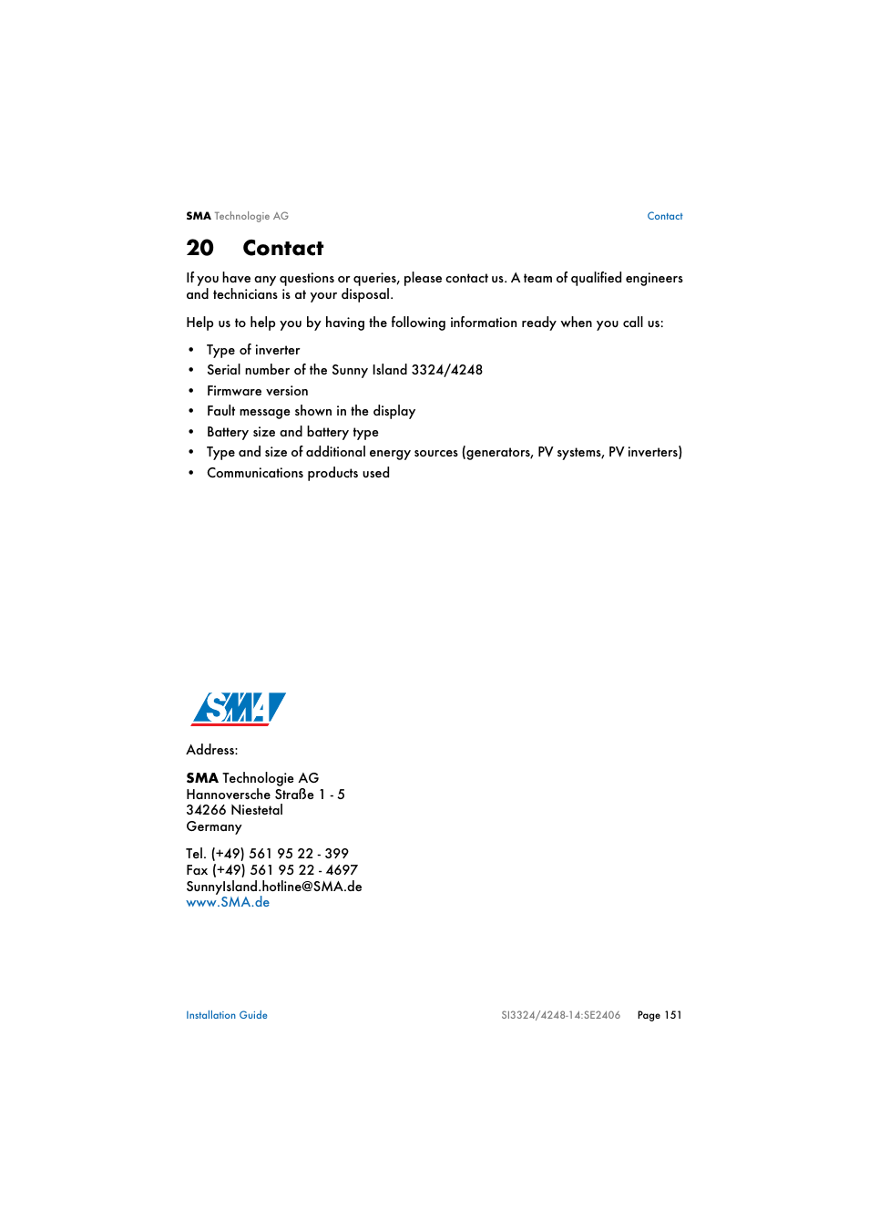 20 contact, Contact, N 20 "contact | SMA SI 3324 Installation User Manual | Page 151 / 164