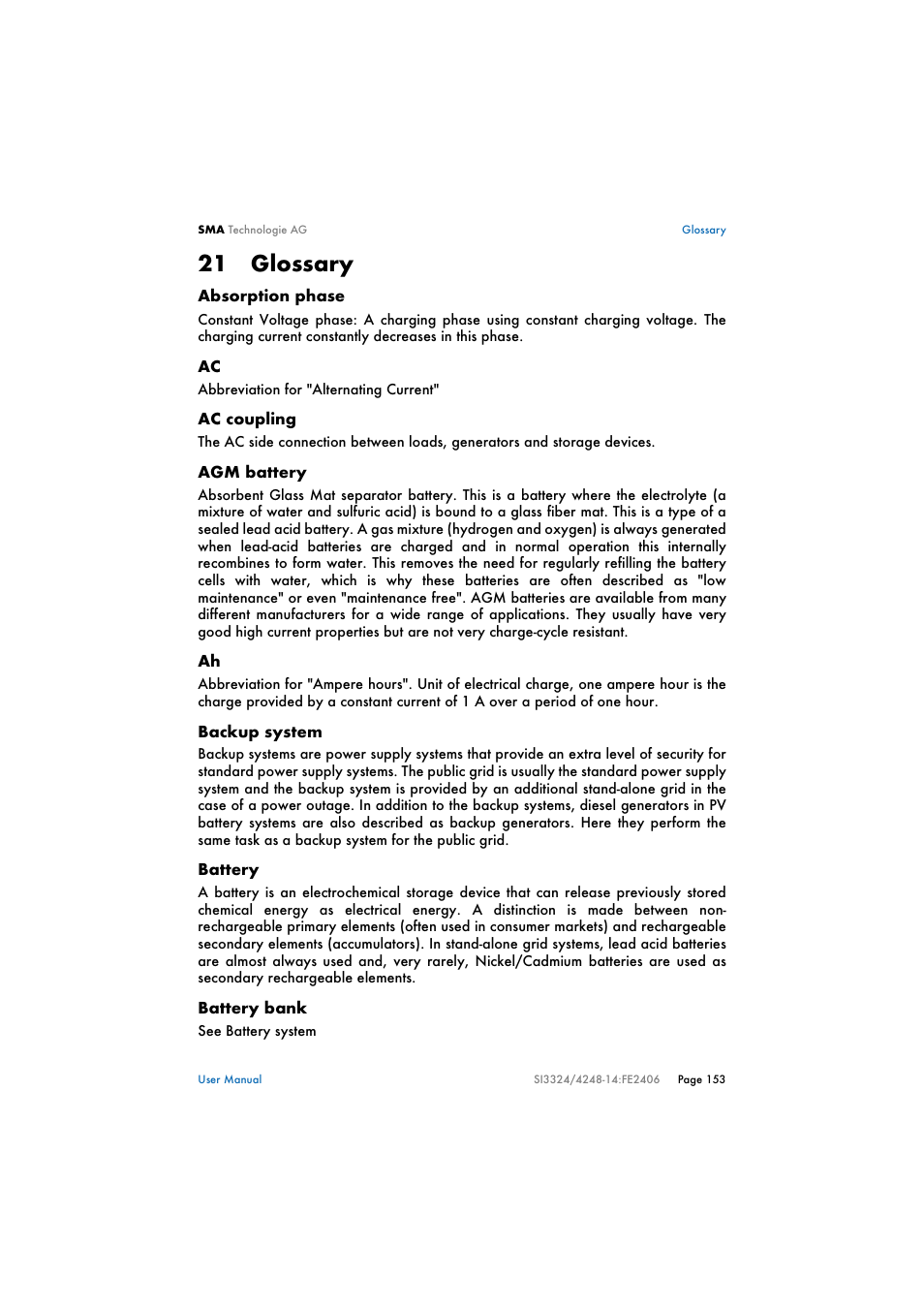 21 glossary, Glossary | SMA SI 3324 Installation User Manual | Page 153 / 164