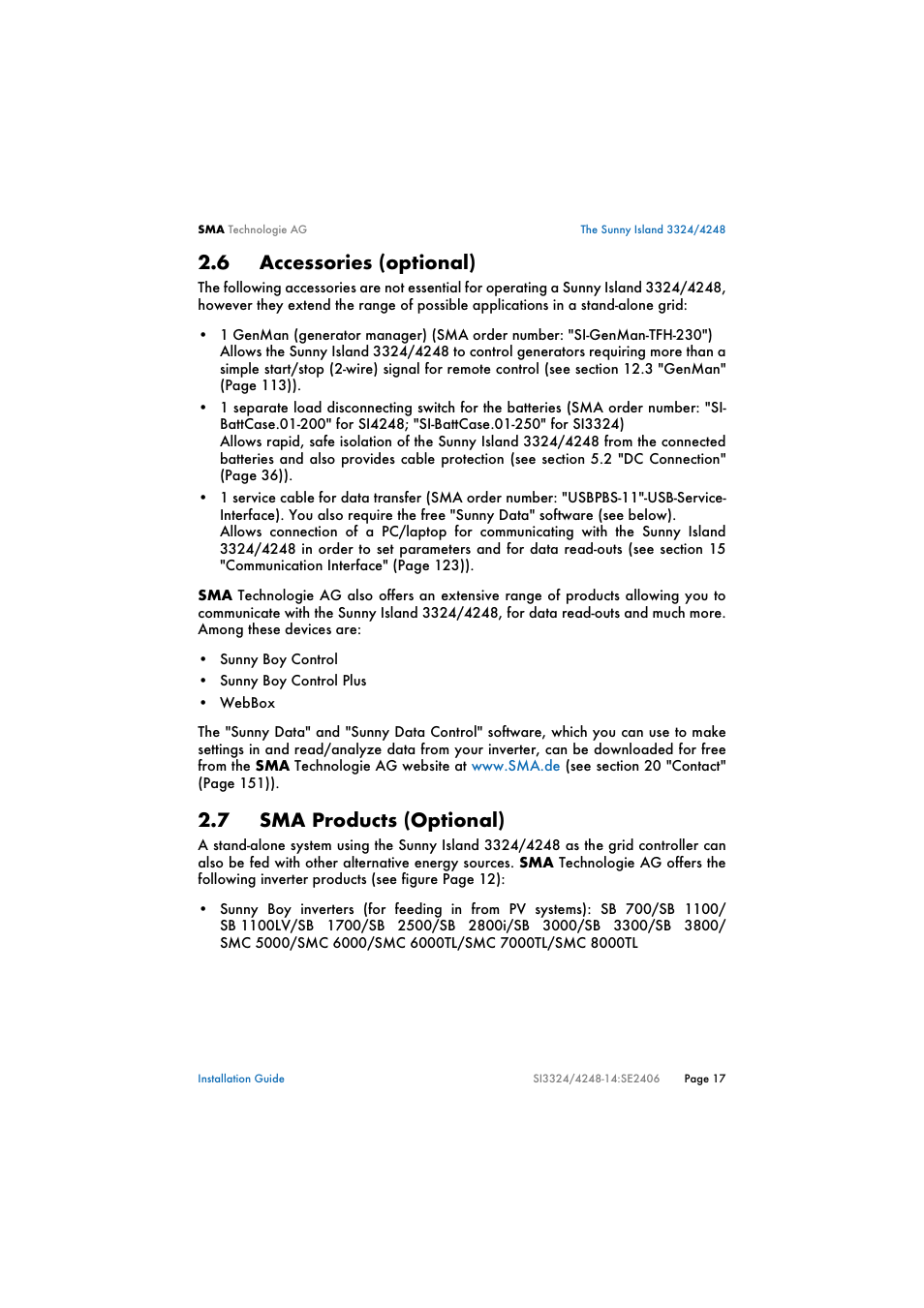 6 accessories (optional), 7 sma products (optional), Accessories (optional) | Sma products (optional), Ion 2.7 "sma products (optional)" (s. 17) | SMA SI 3324 Installation User Manual | Page 17 / 164