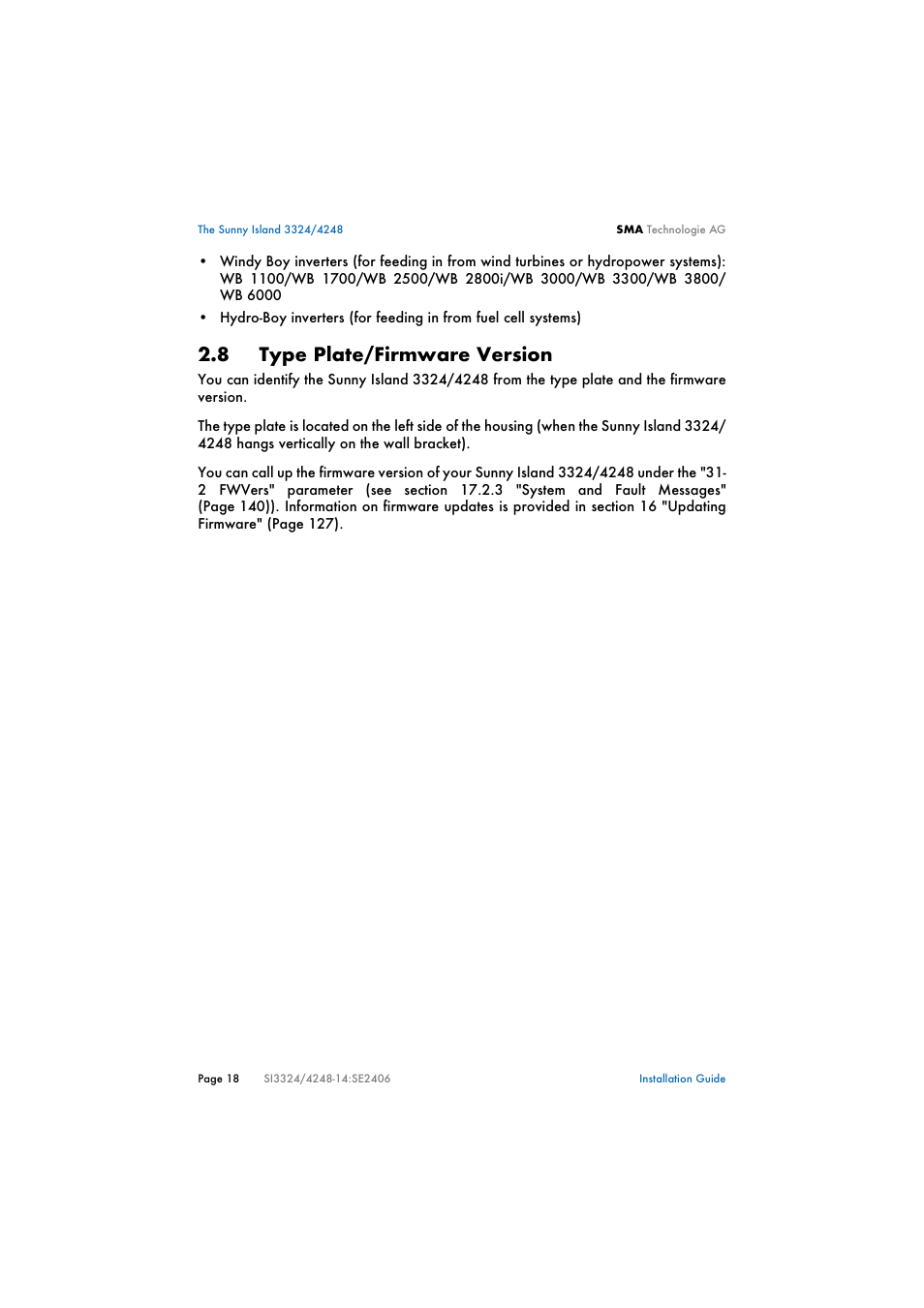 8 type plate/firmware version, Type plate/firmware version | SMA SI 3324 Installation User Manual | Page 18 / 164