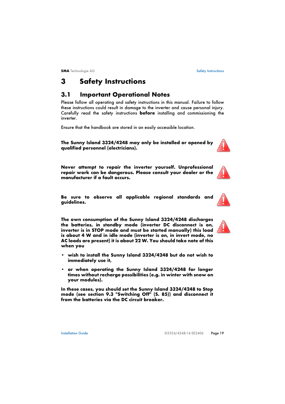 3 safety instructions, 1 important operational notes, Safety instructions | Important operational notes, 3safety instructions | SMA SI 3324 Installation User Manual | Page 19 / 164