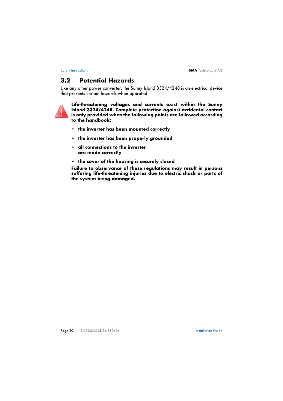 2 potential hazards, Potential hazards | SMA SI 3324 Installation User Manual | Page 20 / 164