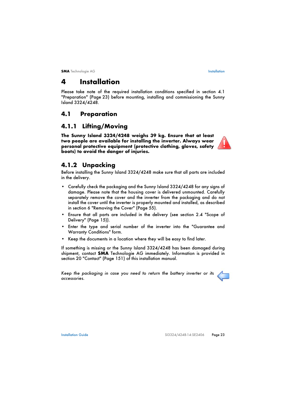 4 installation, 1 preparation, 1 lifting/moving | 2 unpacking, Installation, Preparation, Lifting/moving, Unpacking, 4installation | SMA SI 3324 Installation User Manual | Page 23 / 164