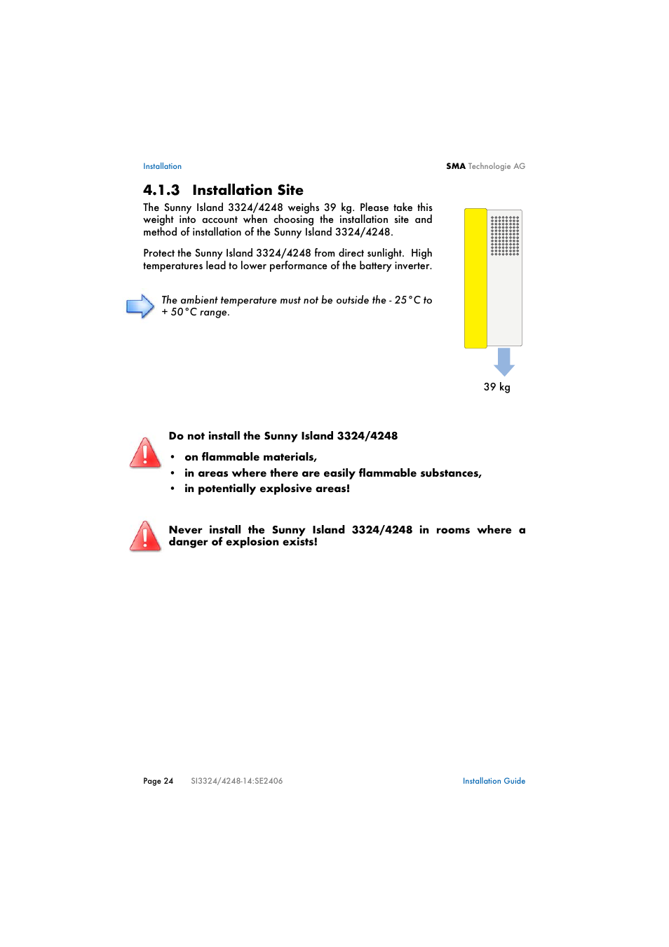 3 installation site, Installation site | SMA SI 3324 Installation User Manual | Page 24 / 164