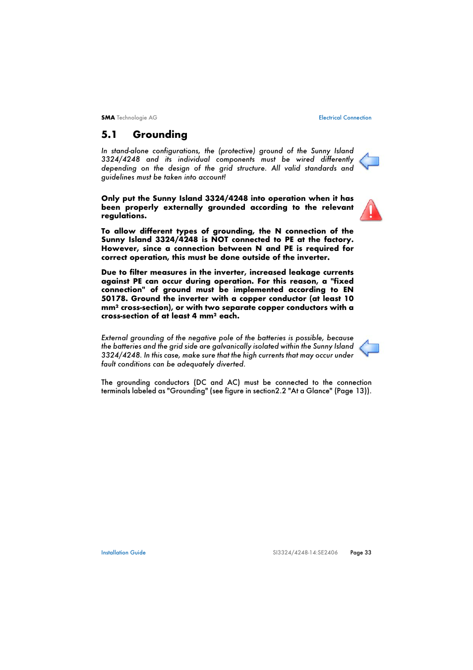 1 grounding, Grounding, Ns 5.1 "grounding" (s. 33); 5.2 "d | SMA SI 3324 Installation User Manual | Page 33 / 164