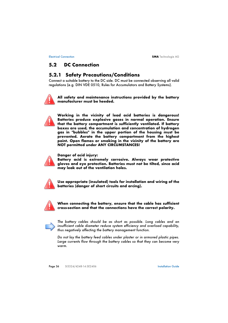 2 dc connection, 1 safety precautions/conditions, Dc connection | Safety precautions/conditions, C connection" (s. 36) | SMA SI 3324 Installation User Manual | Page 36 / 164