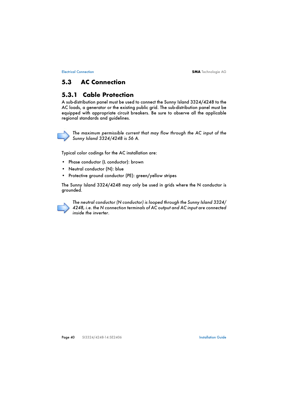 3 ac connection, 1 cable protection, Ac connection | Cable protection, 3 "ac connection" (s. 40)), 3 ac connection 5.3.1 cable protection | SMA SI 3324 Installation User Manual | Page 40 / 164