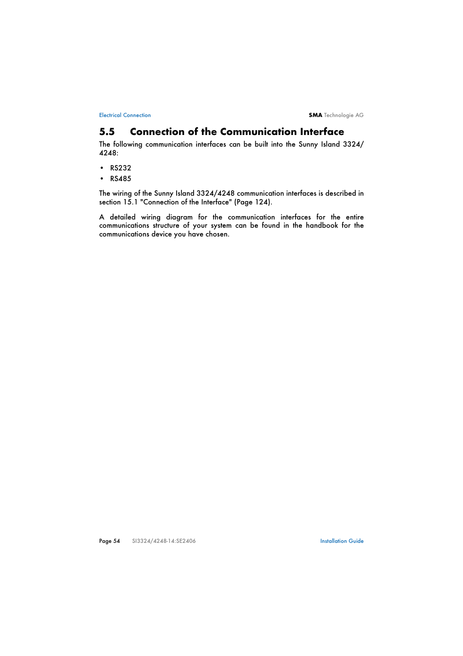 5 connection of the communication interface, Connection of the communication interface, 5 "connection of the communication interface | SMA SI 3324 Installation User Manual | Page 54 / 164