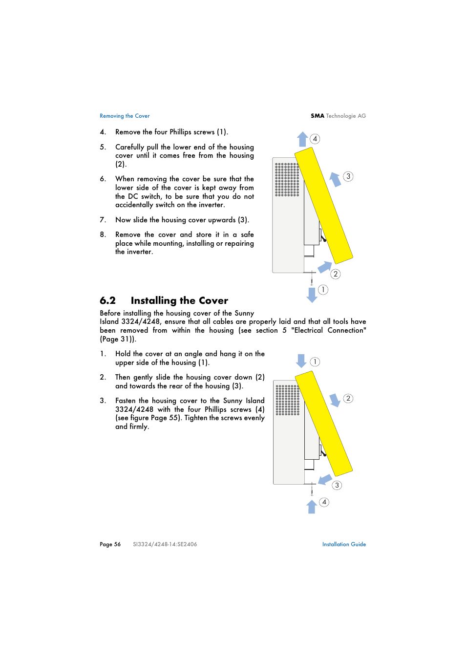 2 installing the cover, Installing the cover | SMA SI 3324 Installation User Manual | Page 56 / 164