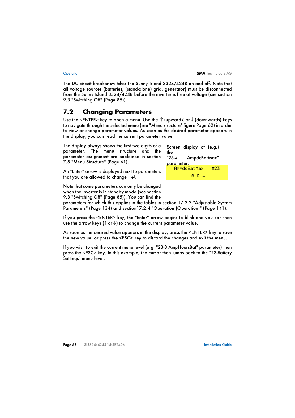 2 changing parameters, Changing parameters | SMA SI 3324 Installation User Manual | Page 58 / 164