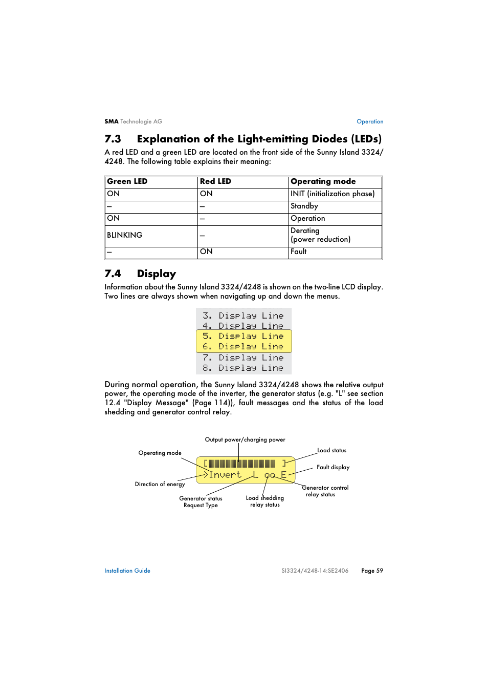 3 explanation of the light-emitting diodes (leds), 4 display, Explanation of the light-emitting diodes (leds) | Display, Invert l oo e | SMA SI 3324 Installation User Manual | Page 59 / 164