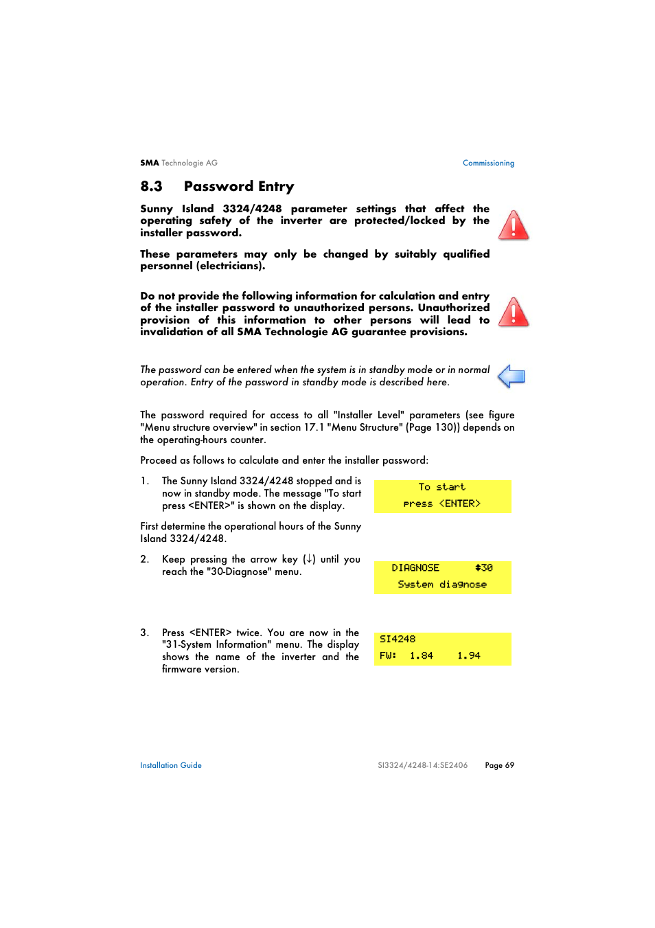 3 password entry, Password entry | SMA SI 3324 Installation User Manual | Page 69 / 164