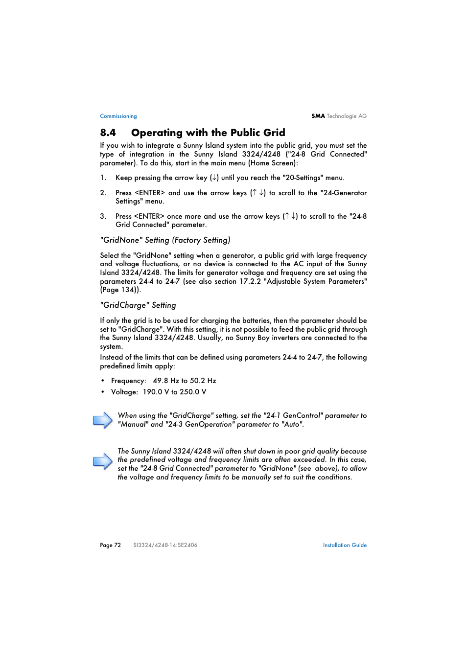 4 operating with the public grid, Operating with the public grid | SMA SI 3324 Installation User Manual | Page 72 / 164