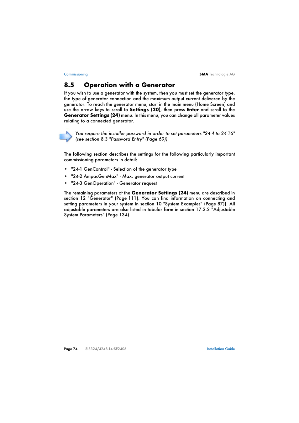 5 operation with a generator, Operation with a generator | SMA SI 3324 Installation User Manual | Page 74 / 164