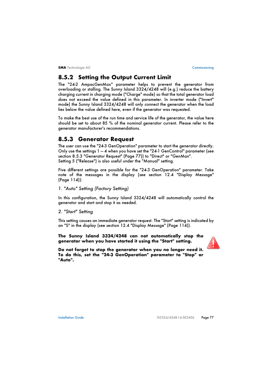 2 setting the output current limit, 3 generator request, Setting the output current limit | Generator request | SMA SI 3324 Installation User Manual | Page 77 / 164