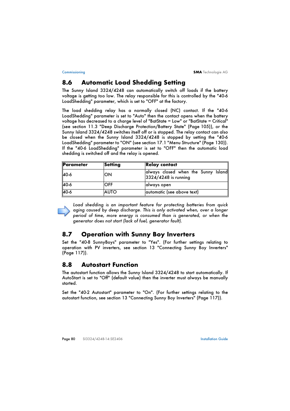 6 automatic load shedding setting, 7 operation with sunny boy inverters, 8 autostart function | Automatic load shedding setting, Operation with sunny boy inverters, Autostart function | SMA SI 3324 Installation User Manual | Page 80 / 164