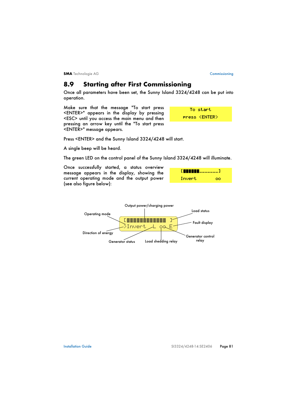 9 starting after first commissioning, Starting after first commissioning, Invert l oo e | SMA SI 3324 Installation User Manual | Page 81 / 164