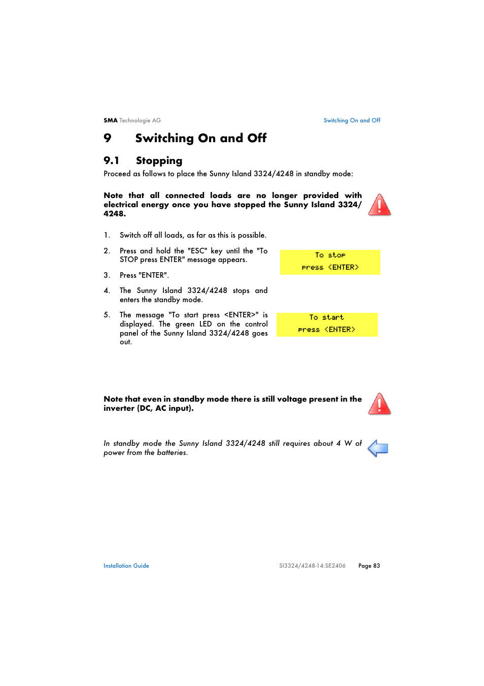 9 switching on and off, 1 stopping, Switching on and off | Stopping, 9switching on and off | SMA SI 3324 Installation User Manual | Page 83 / 164