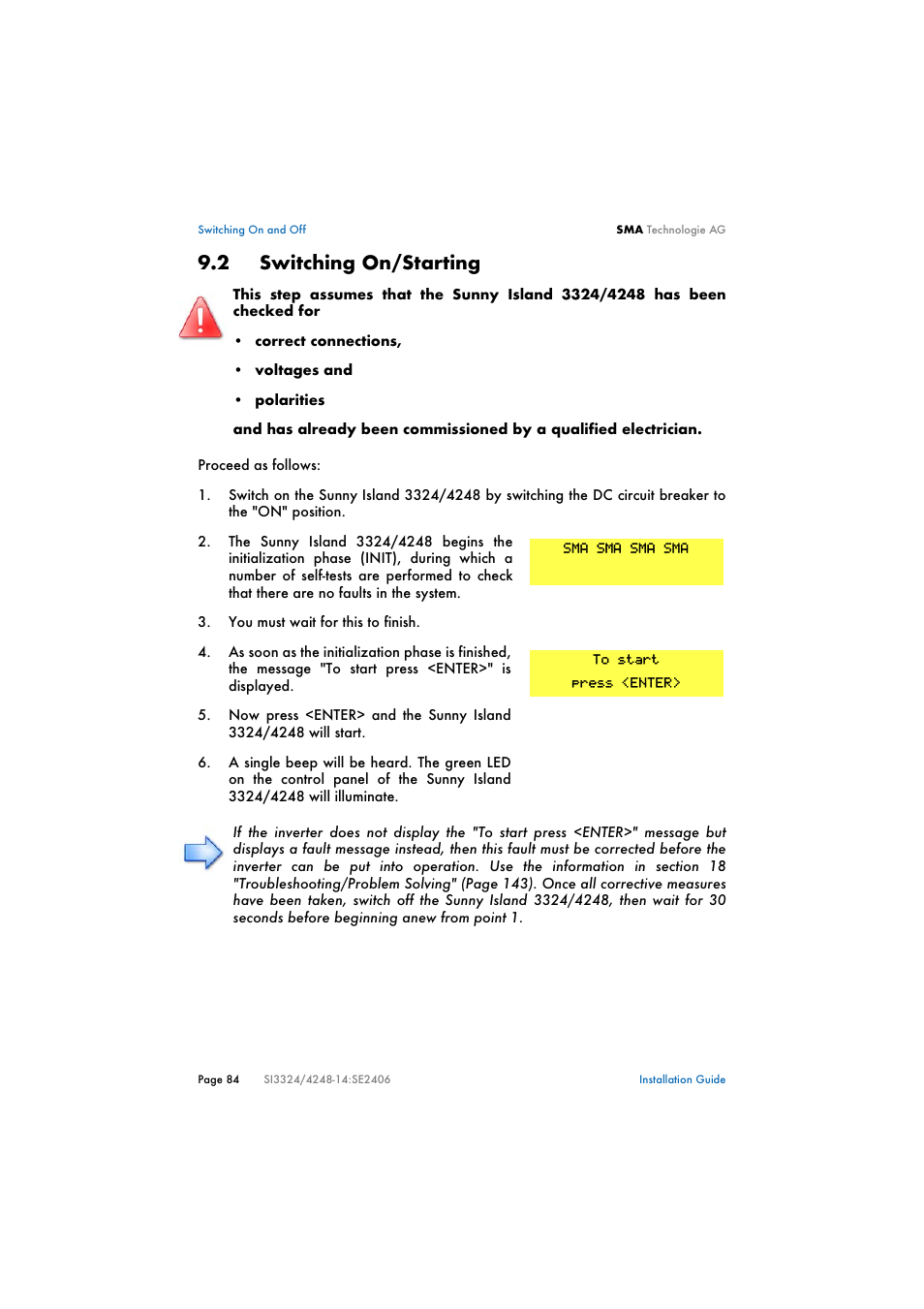 2 switching on/starting, Switching on/starting | SMA SI 3324 Installation User Manual | Page 84 / 164