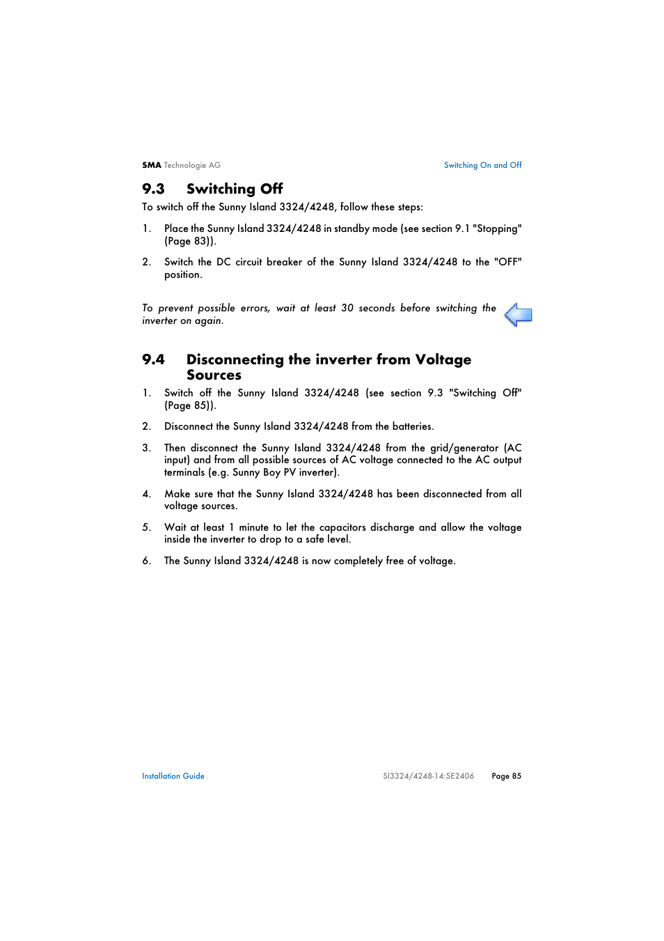 3 switching off, 4 disconnecting the inverter from voltage sources, Switching off | Disconnecting the inverter from voltage sources | SMA SI 3324 Installation User Manual | Page 85 / 164