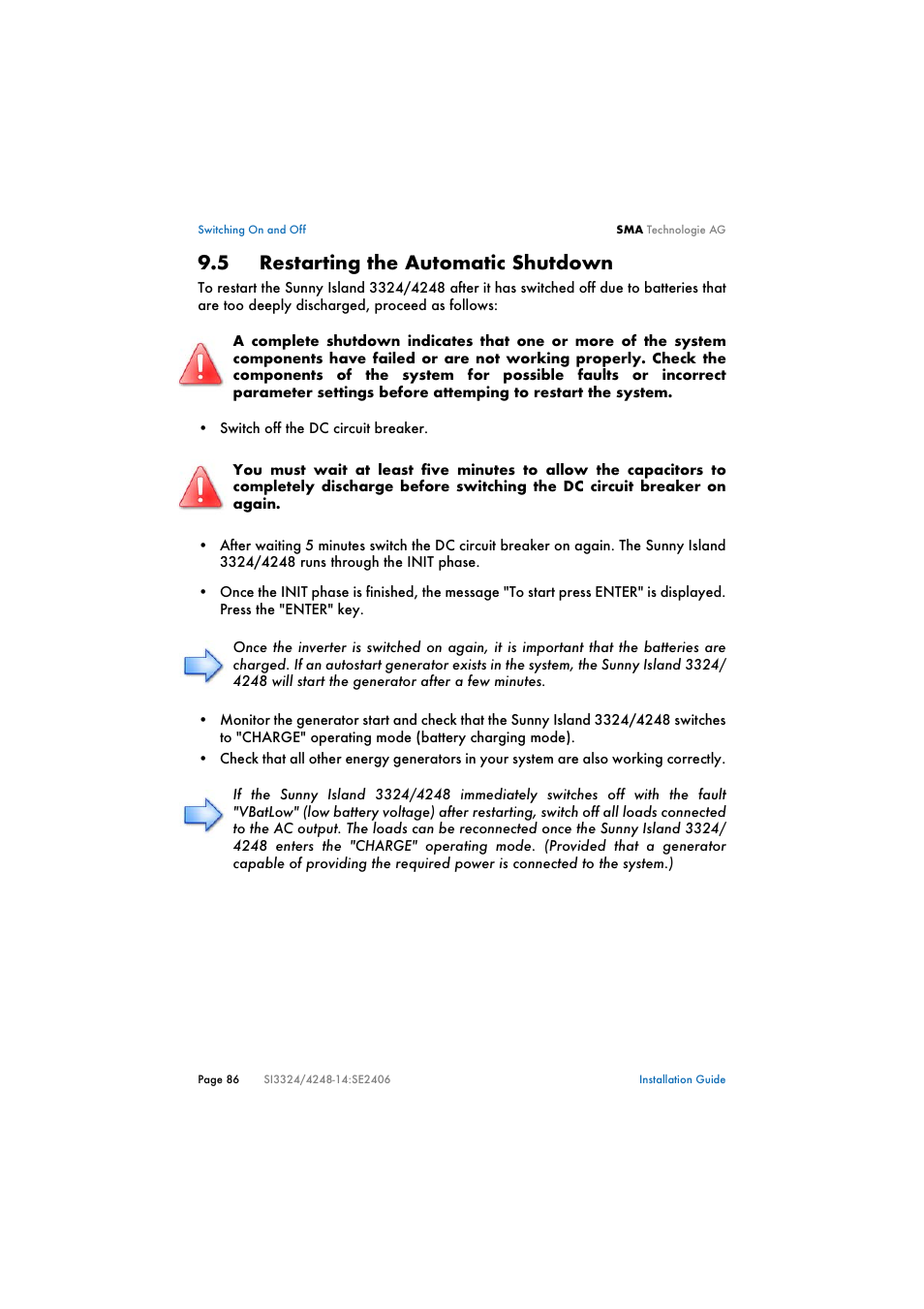 5 restarting the automatic shutdown, Restarting the automatic shutdown | SMA SI 3324 Installation User Manual | Page 86 / 164