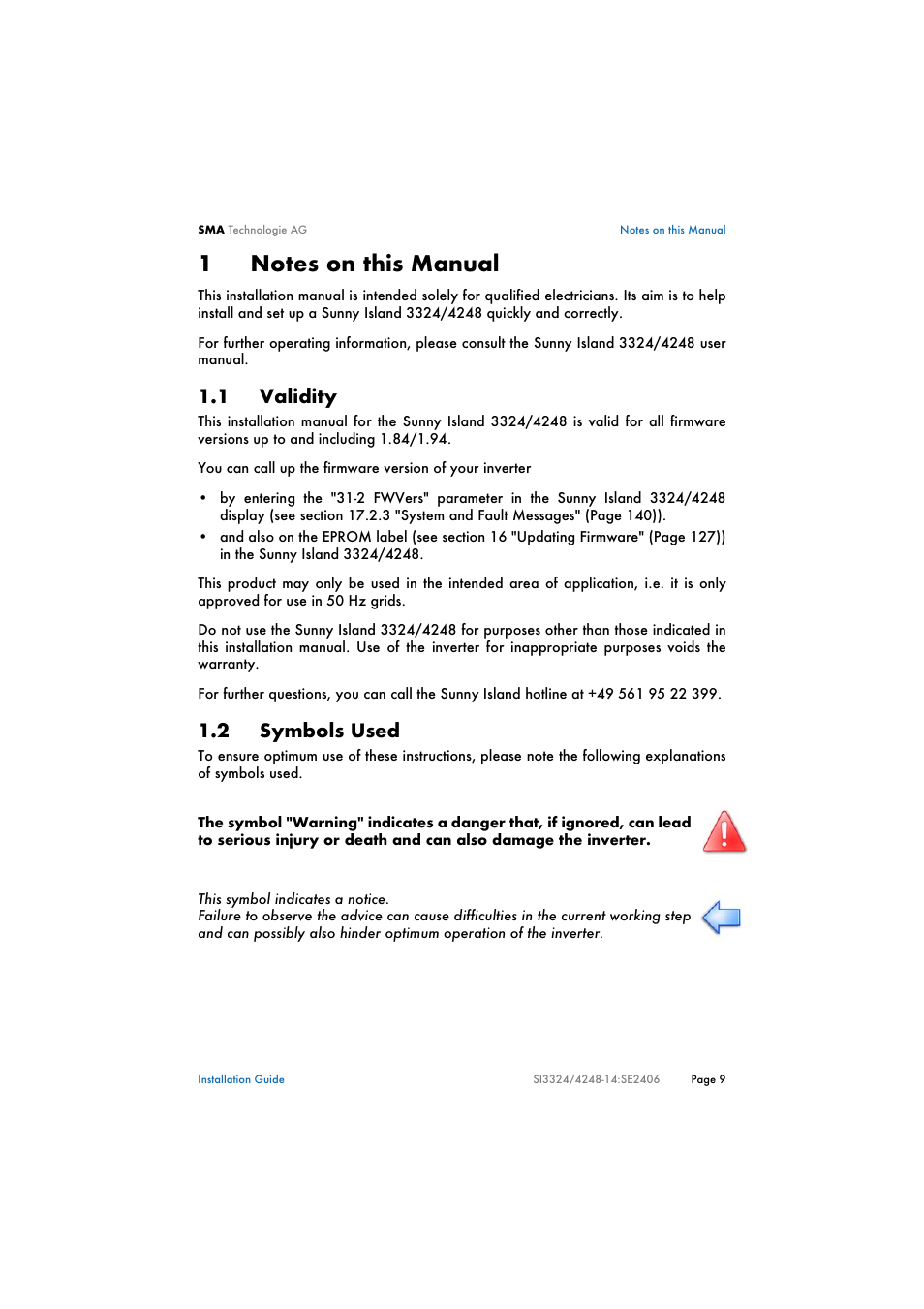 1 notes on this manual, 1 validity, 2 symbols used | Notes on this manual, Validity, Symbols used | SMA SI 3324 Installation User Manual | Page 9 / 164