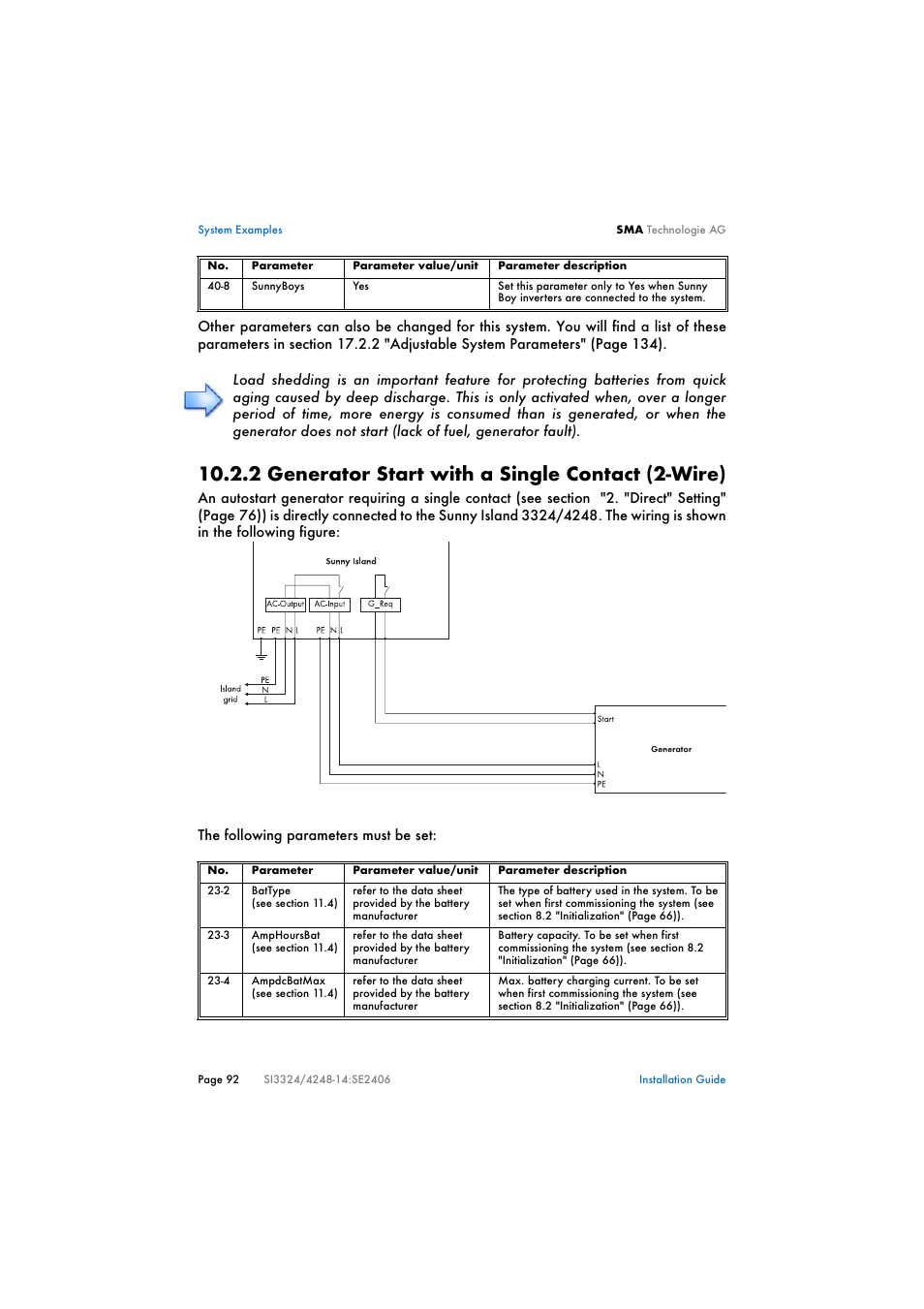2 generator start with a single contact (2-wire) | SMA SI 3324 Installation User Manual | Page 92 / 164