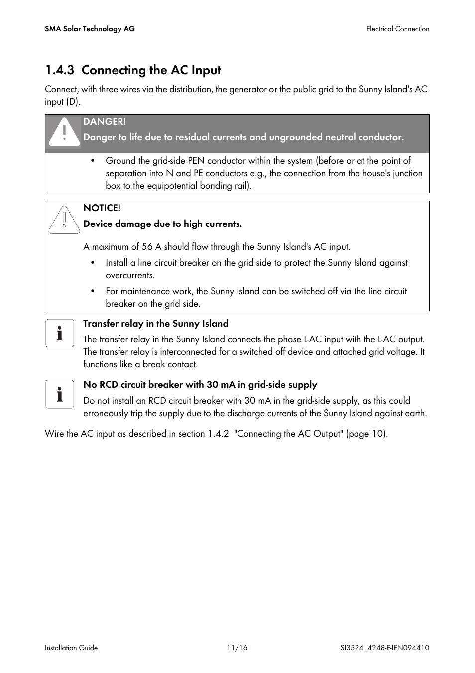 3 connecting the ac input | SMA SI 3324 Errata User Manual | Page 11 / 16