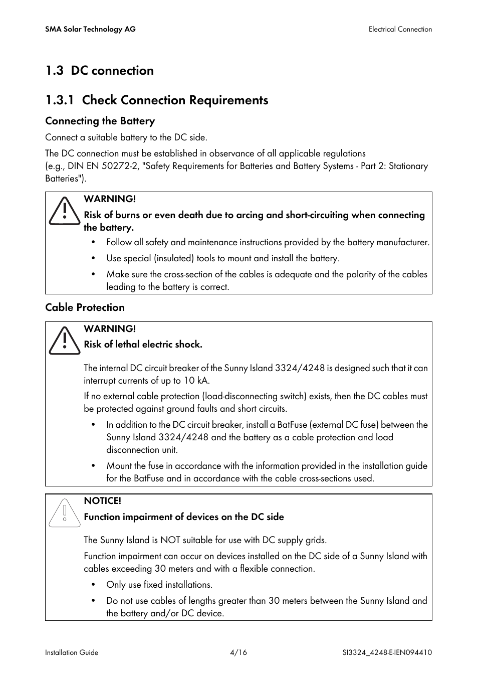 3 dc connection, 1 check connection requirements | SMA SI 3324 Errata User Manual | Page 4 / 16