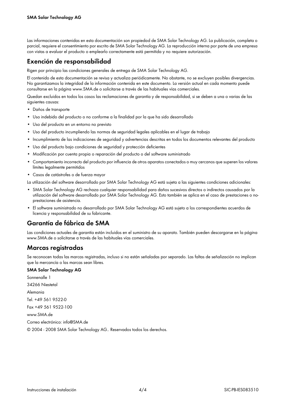 Exención de responsabilidad, Garantía de fábrica de sma, Marcas registradas | SMA SIC-PB User Manual | Page 13 / 28