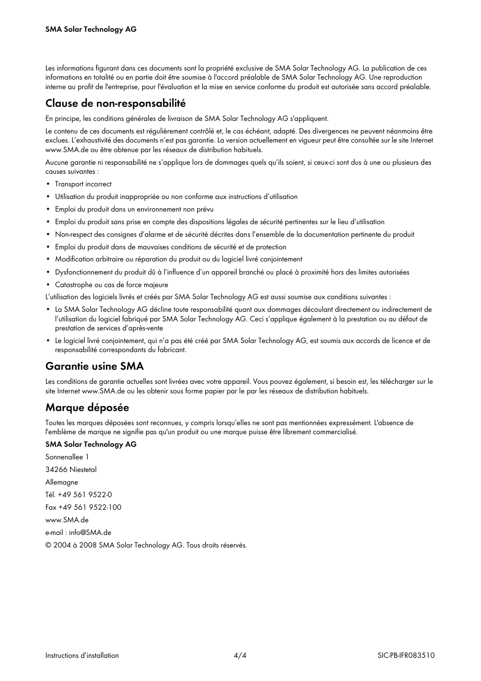 Clause de non-responsabilité, Garantie usine sma, Marque déposée | SMA SIC-PB User Manual | Page 17 / 28